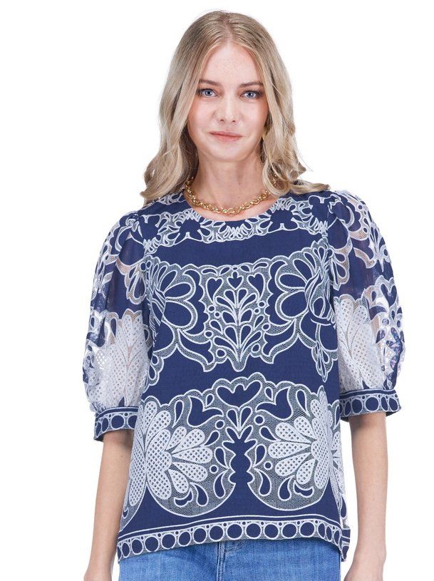 Jade 78E6574-3 Puff Slv Top-Navy Lace
