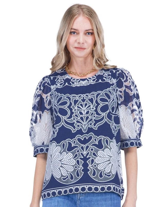 Jade 78E6574-3 Puff Slv Top-Navy Lace