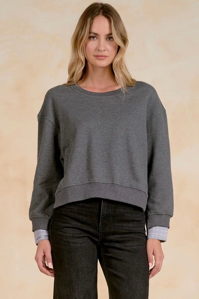 Elan FTS11809 Crewneck MixMedia Top-GRPlaid