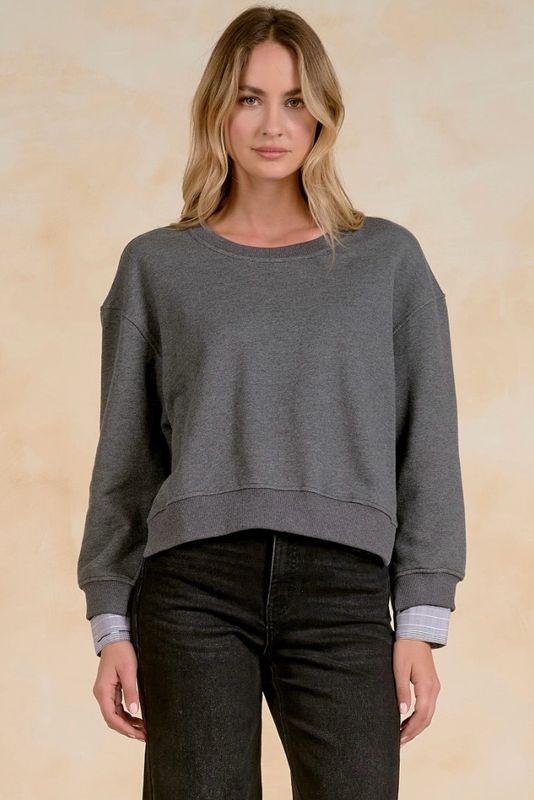 Elan FTS11809 Crewneck MixMedia Top-GRPlaid