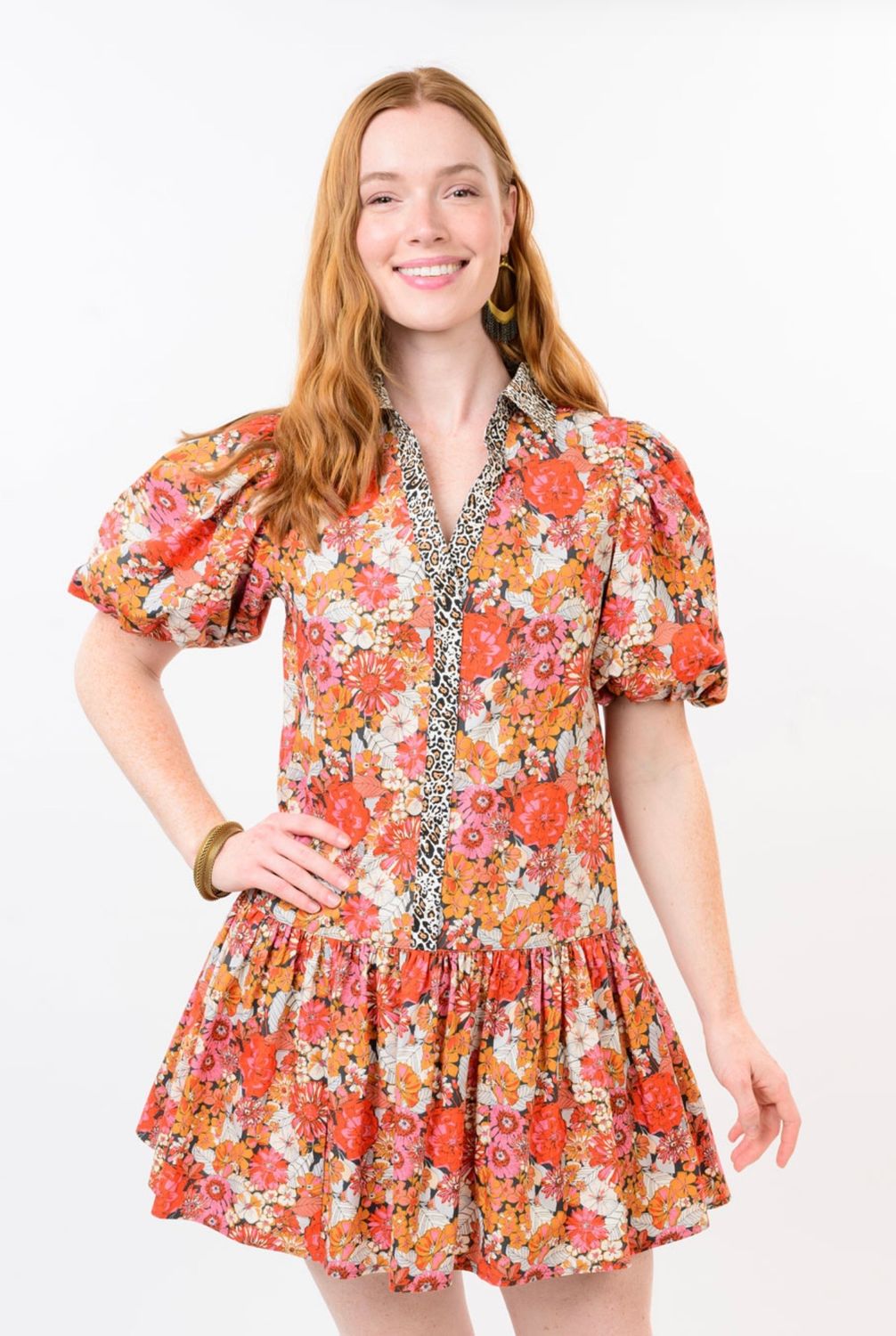 Uncle Frank 72670 Leopard Trim Floral Dress