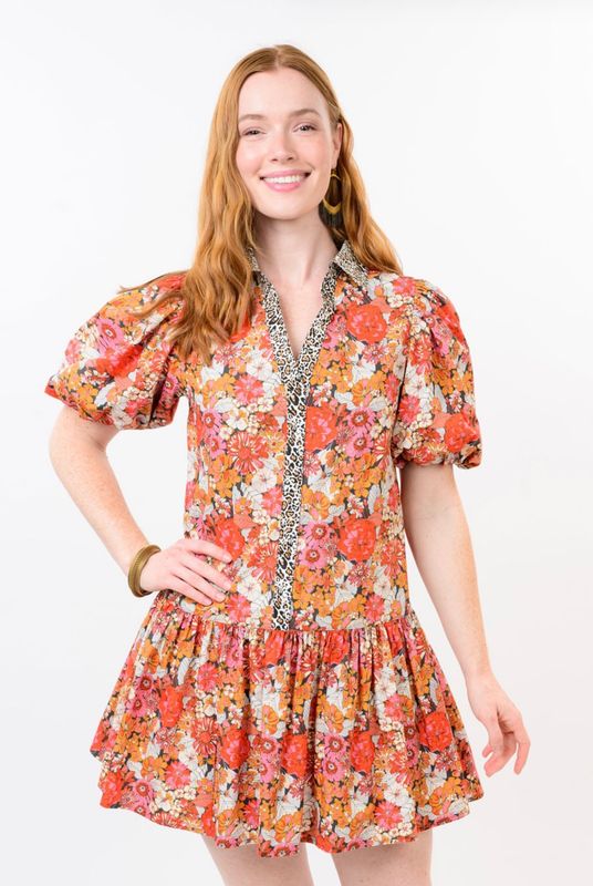 Uncle Frank 72670 Leopard Trim Floral Dress