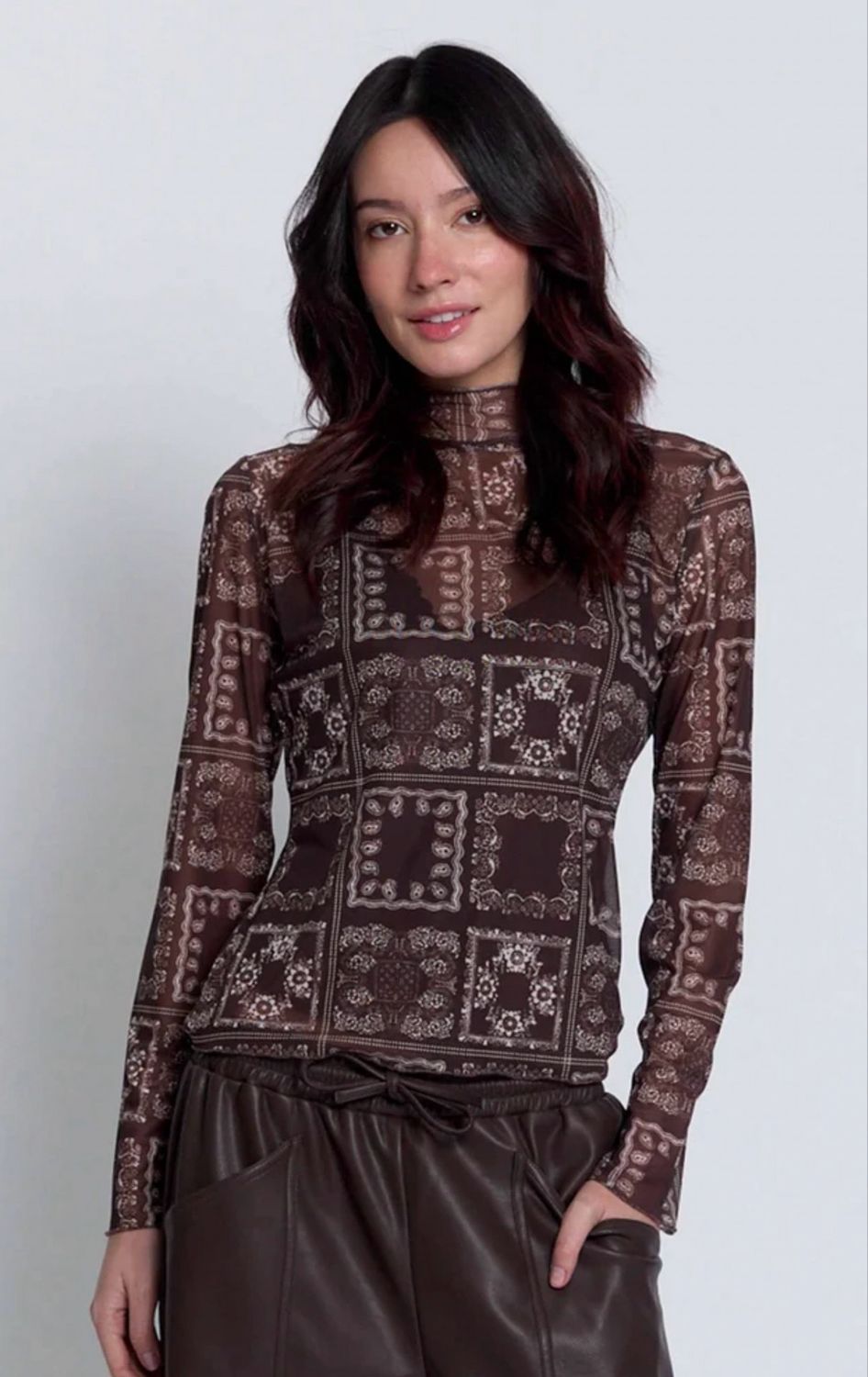 Central Park West Wren Sheer Bandana Top-Brown