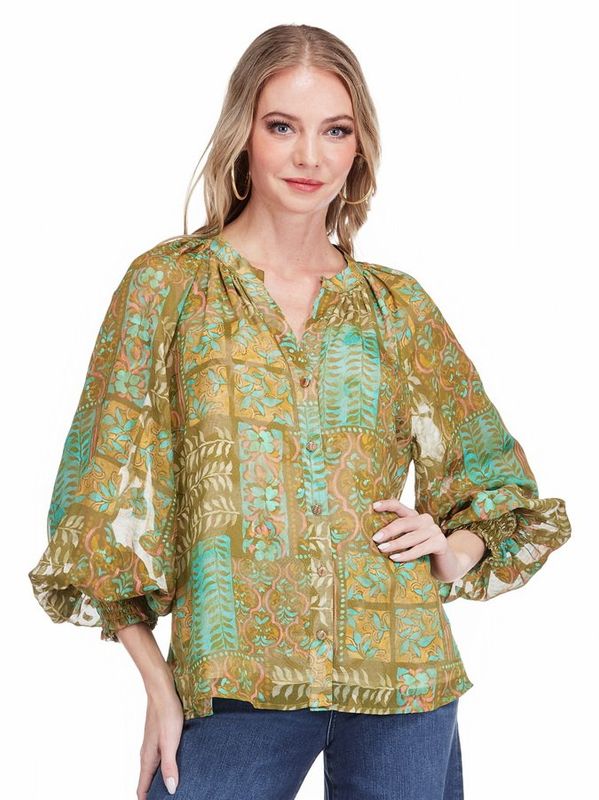 Jade 79G8044-2 SplitNeck Peasant Top-OliveTap