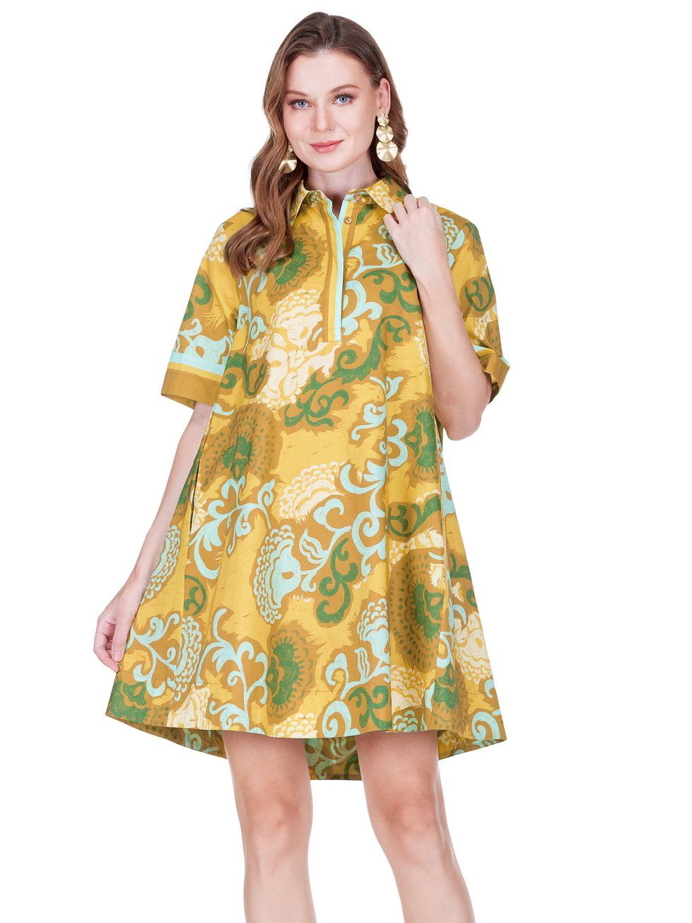 Joy Joy 79G2036 Placket Swing Dress-Saffron