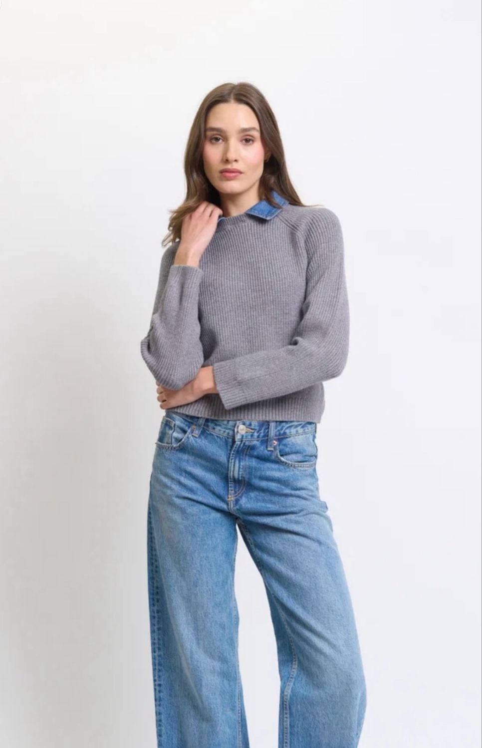 Central Park West Nash Denim Collar Sweater-Grey