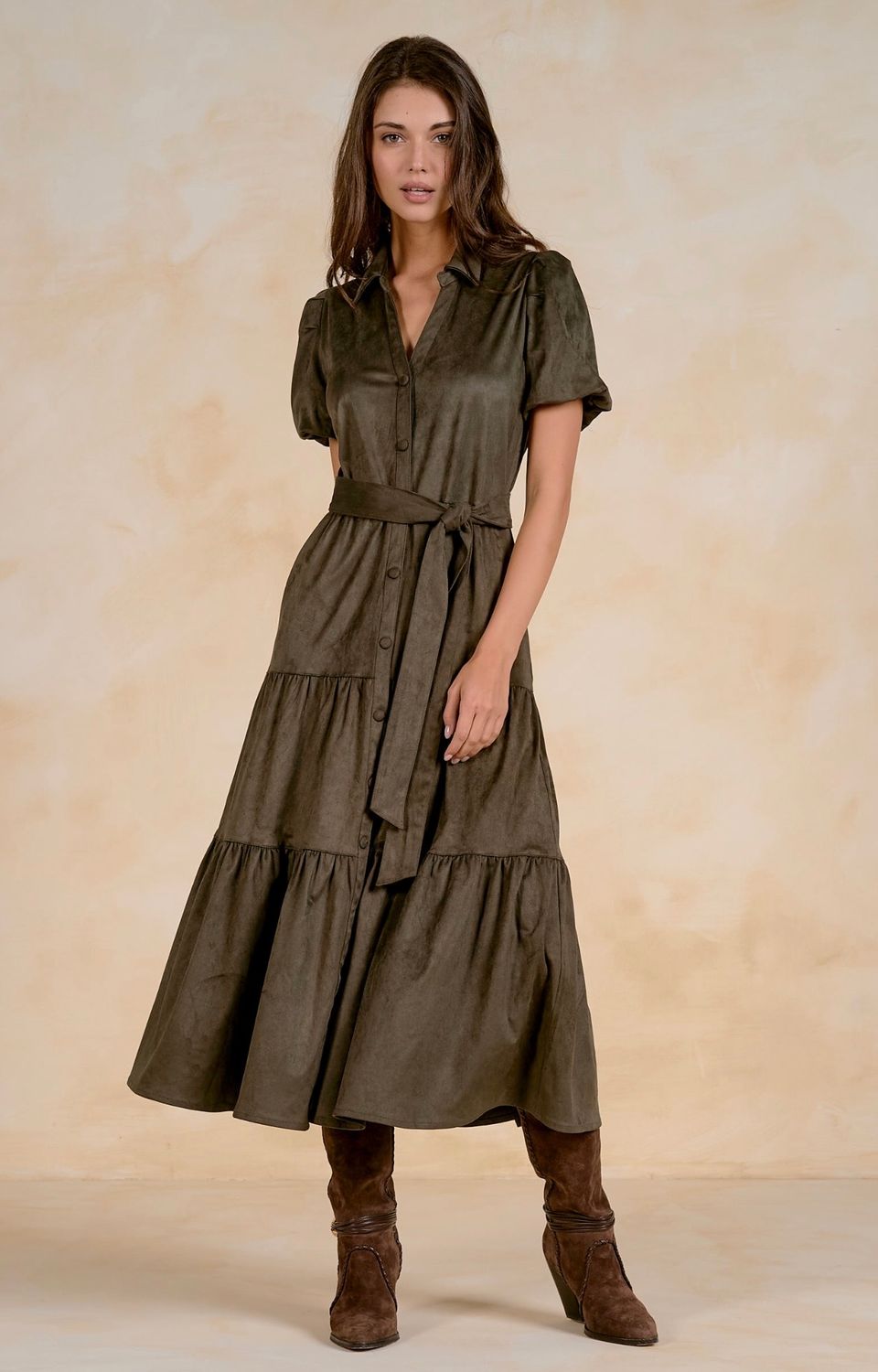 Elan su50290 Tiered Midi Dress-Olive