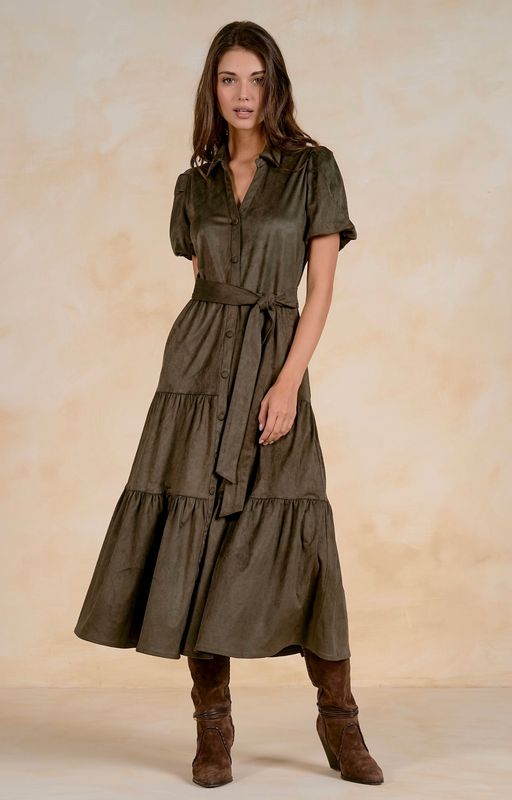 Elan su50290 Tiered Midi Dress-Olive