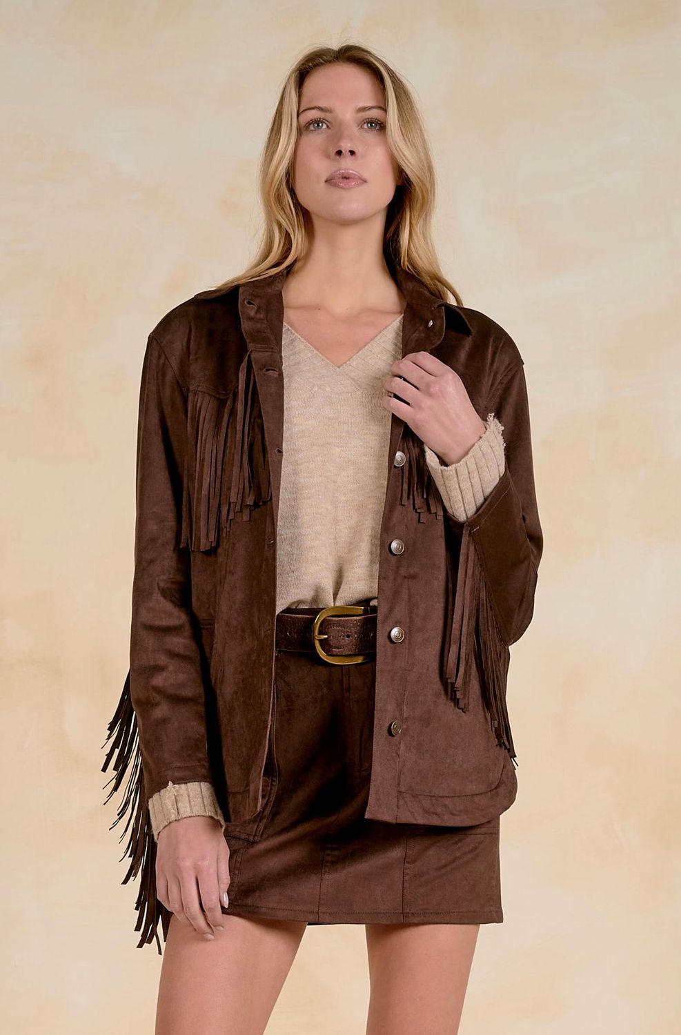 Elan suf8288 Fringe Jacket-Chocolate