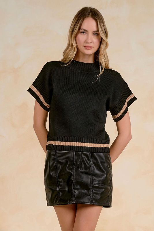 Elan sw11747 Crewneck SS Sweater-Bk &amp;Tan