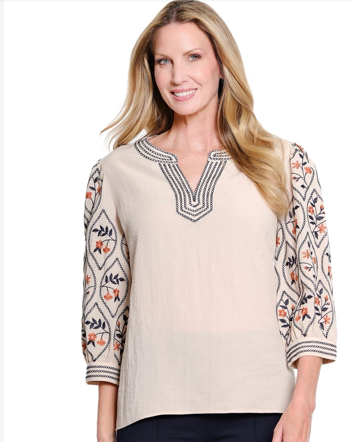Multiples M36206TM 3/4 Puff Slv Woven Top