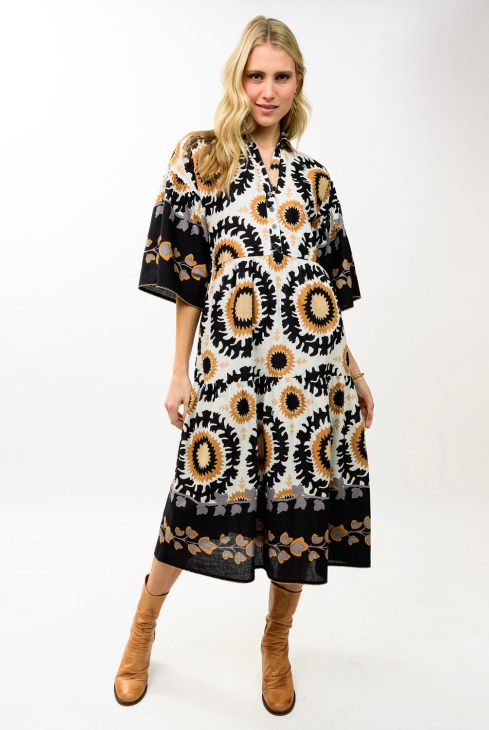 Uncle Frank 72698 Tiered Maxi Border Print Dress