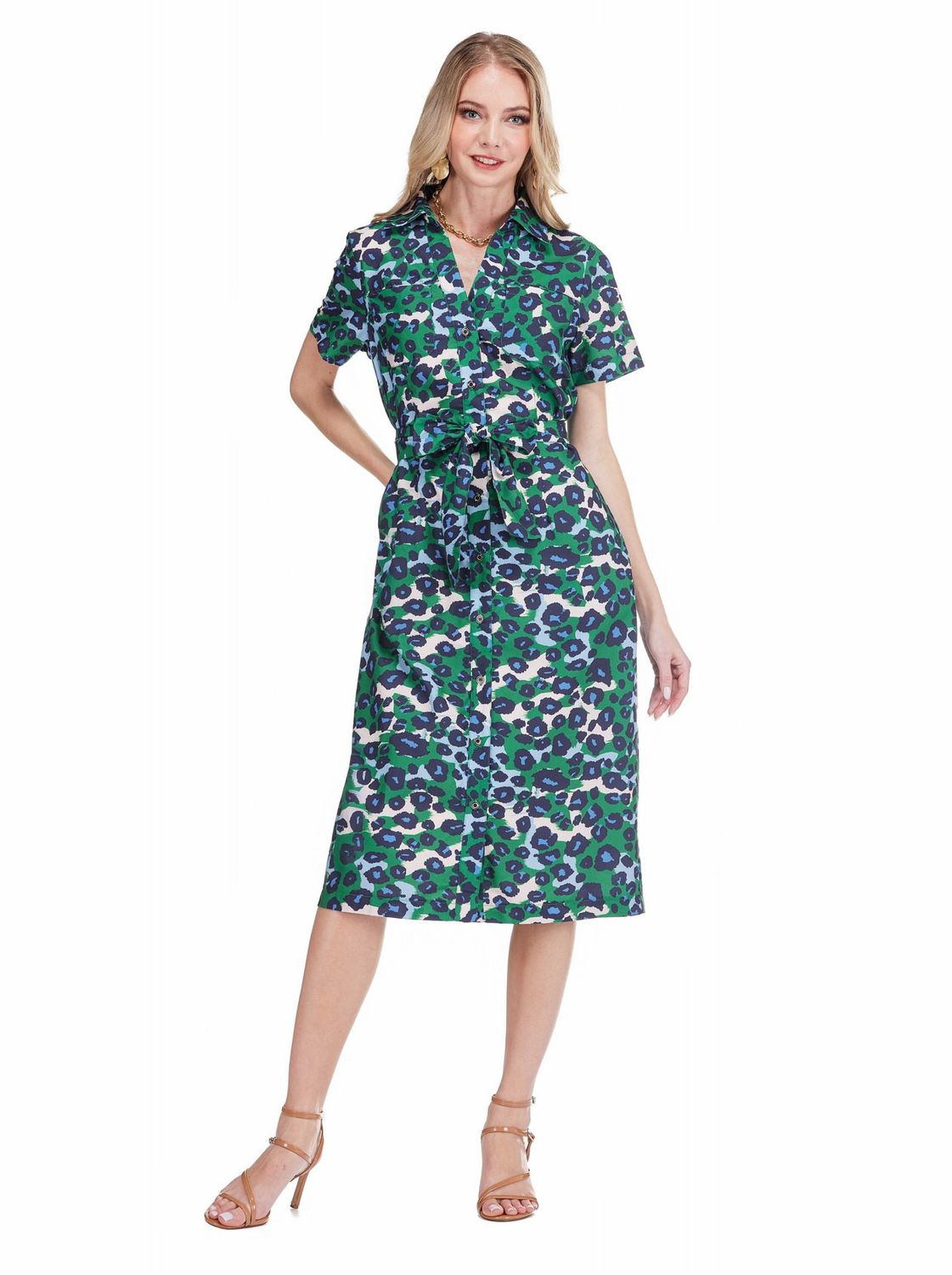 Jade 79H8019 Pocket MIDI Shirtdress-EmeraldLeopard