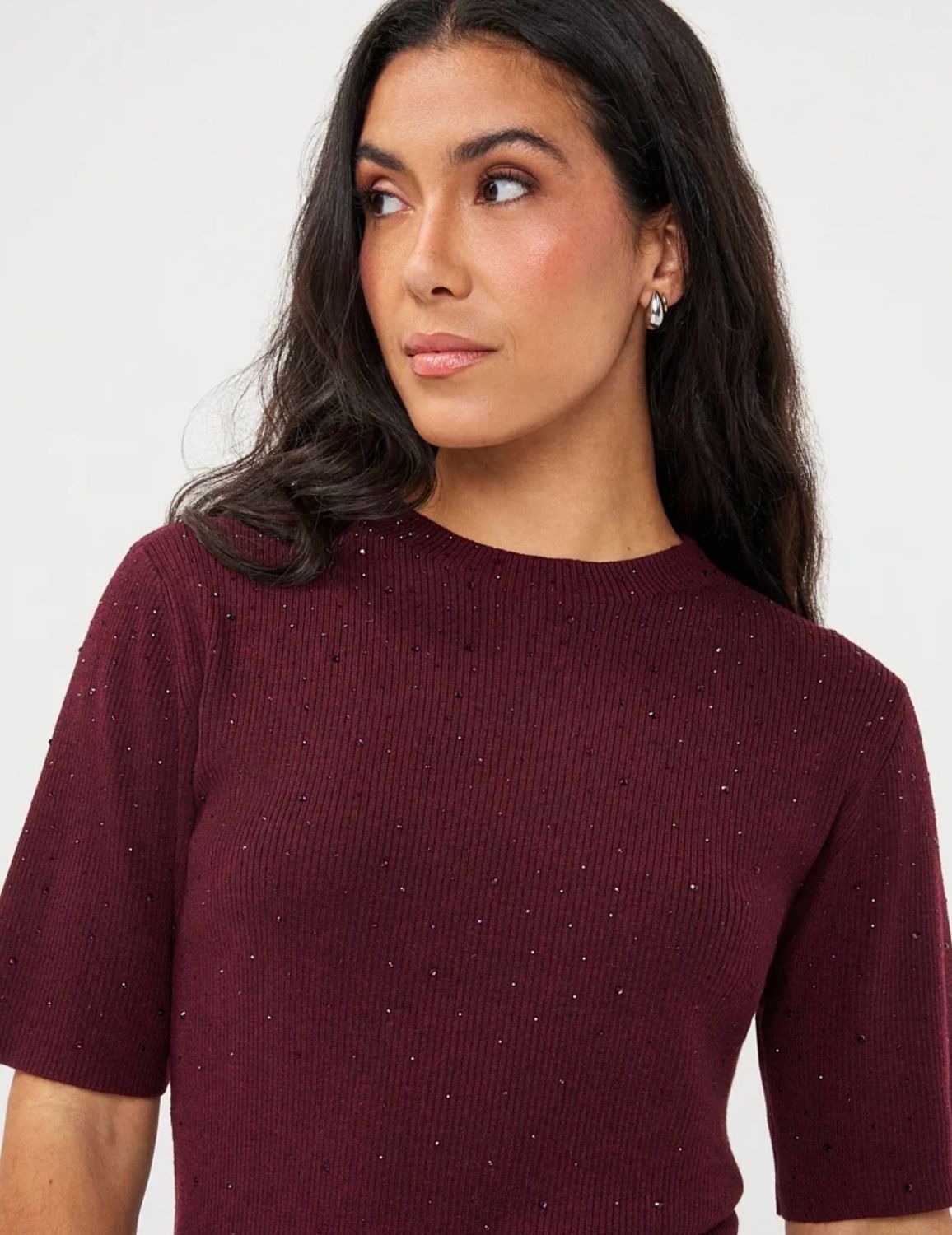 Esqualo 02539 Crystal Stud Knit Top-Merlot