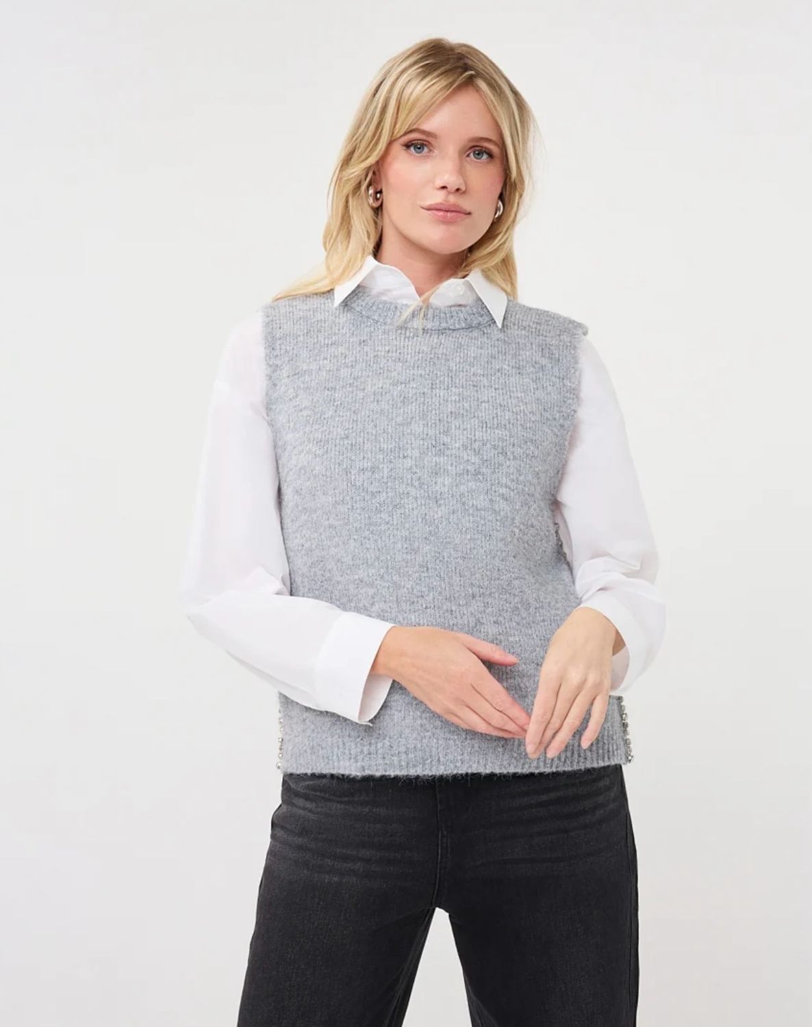 Esqualo 02515 Crystal Trim Sweater Vest-LTGrey