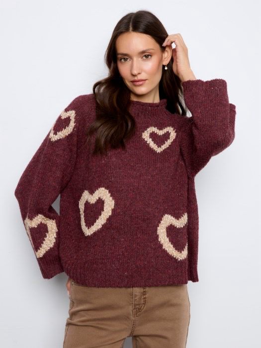 Charlie B C2071/365C HiNeck Knit Sweater-Merlot