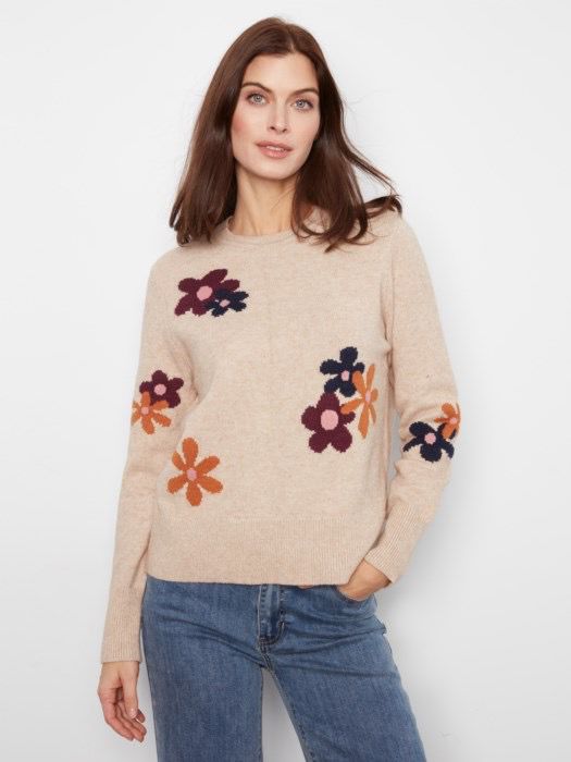 Charlie B C2046/974A Sweater w/JaquardFlowers-Sand