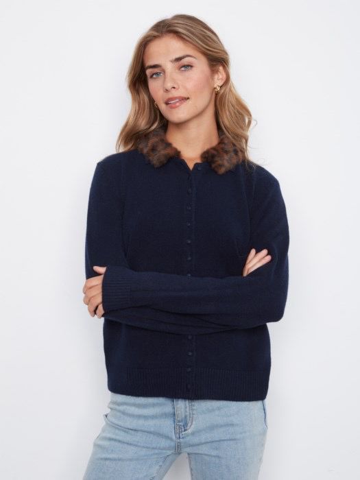 Charlie B C2138/736A Cardigan w/FauxFurCollar-Navy