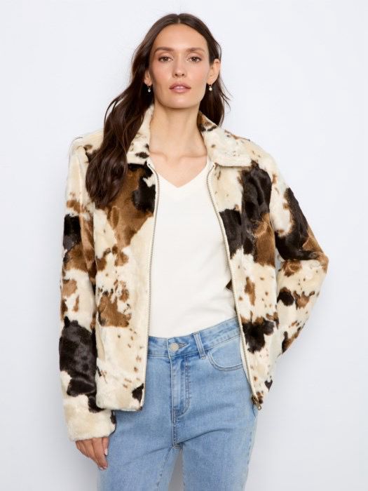 Charlie B C6441/788C Fur Jacket-Cow Pattern