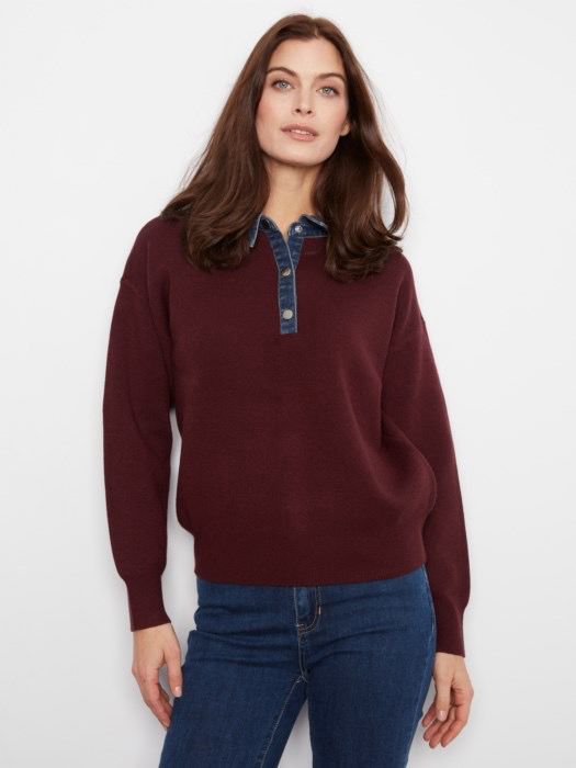 Charlie B C2125/974A Polo W/Denim Collar-Merlot