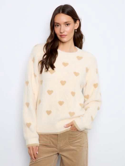 Charlie B C2172/814C Heart Crew Neck Sweater-Ecru