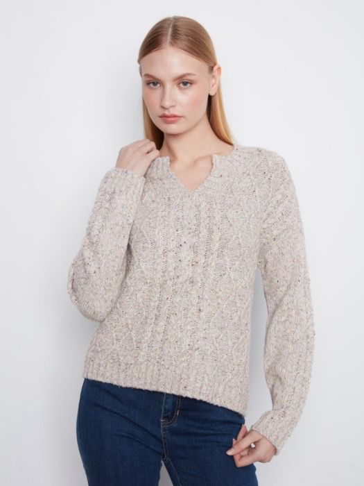 Charlie B C2729RR/807C Notch Neck YarnSweater-Grey