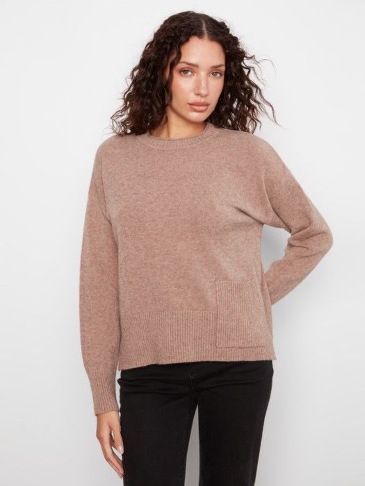 Charlie B C2052/736A Crop Sweater w/Pocket-Taupe