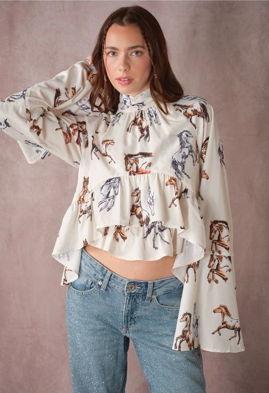 Blue B 33220T Horse Print Ruffle Top