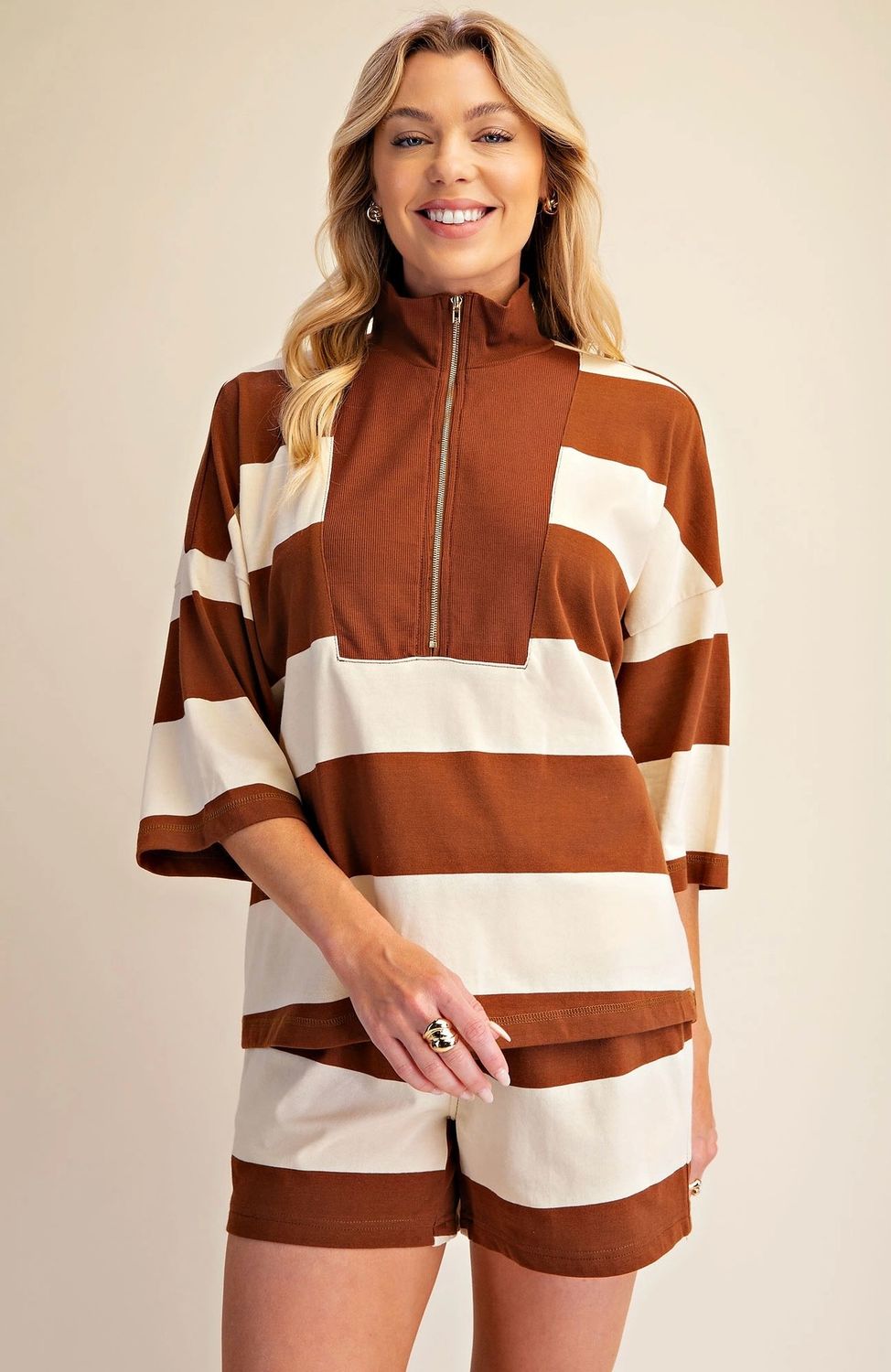 Glam T8376/P8377 Stripe Sweat Set-Brown