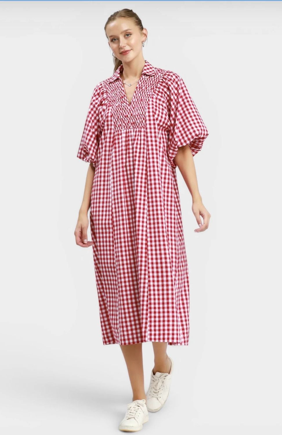 Umgee D1155 Gingham Dress-Crimson
