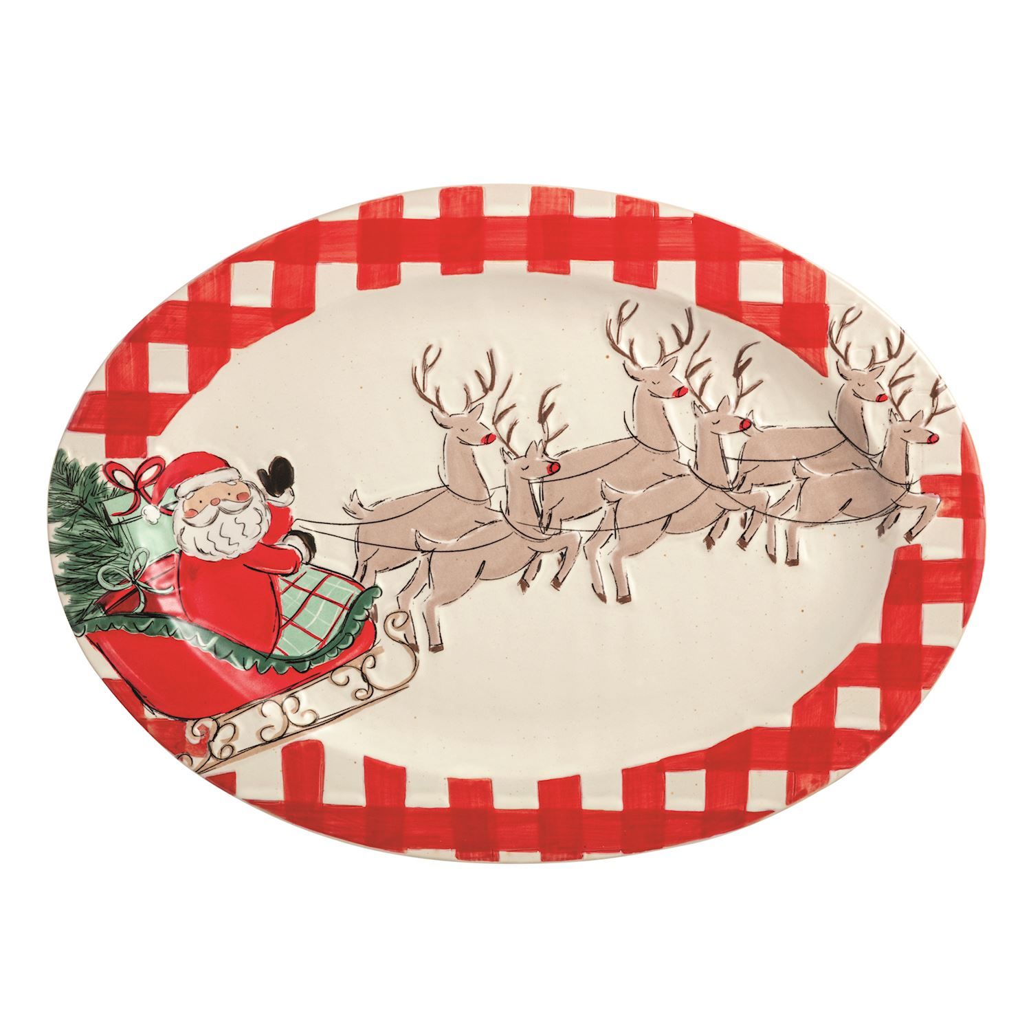MudPie 40701000 Santa Sleigh Gingham Platter