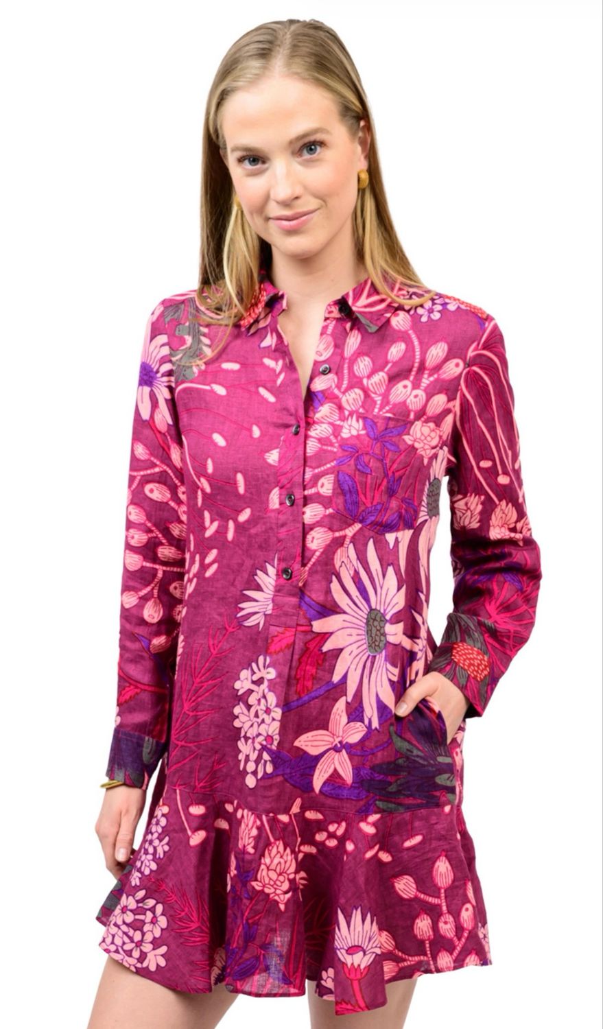 Uncle Frank 72688 Linen Dress Flounce Hem-Wine