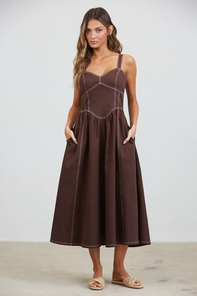 KLd 52969 Topstitched A-Line Midi Dress-Brown