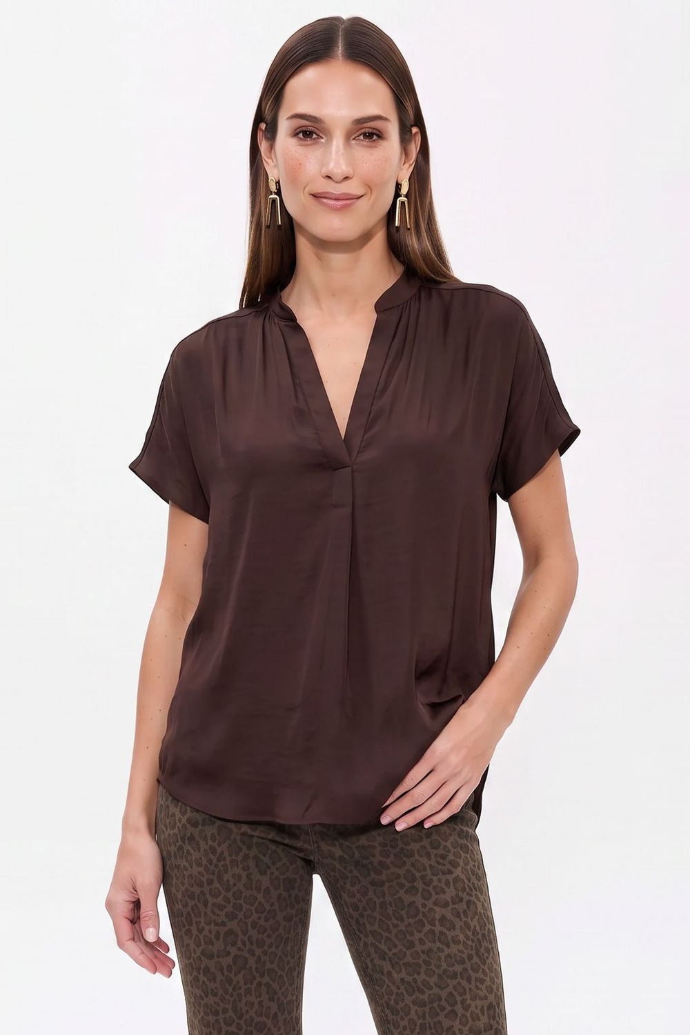 KLd. 45669 VNeck Satin Pullover Blouse-Brown
