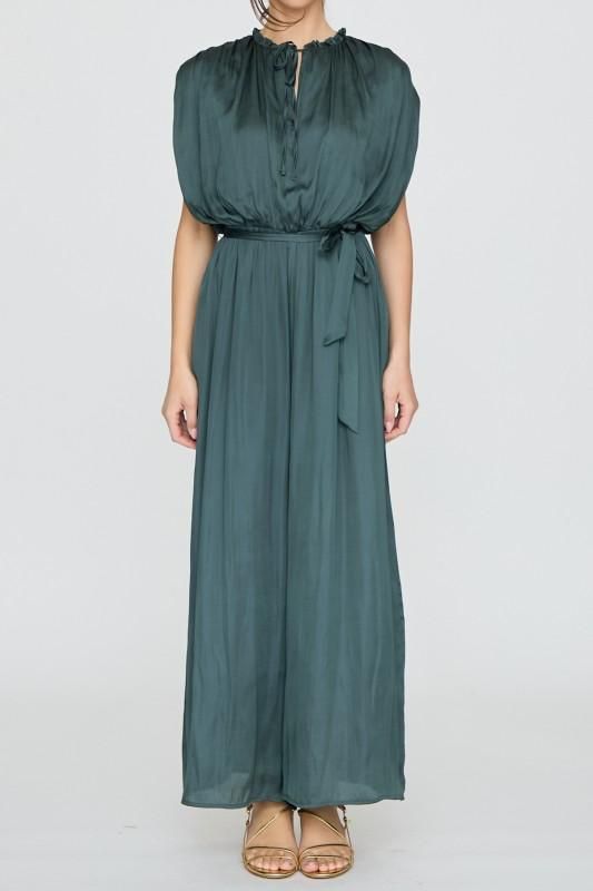 KLd. 52958 Ruffled Neck Satin Jumpsuit-green