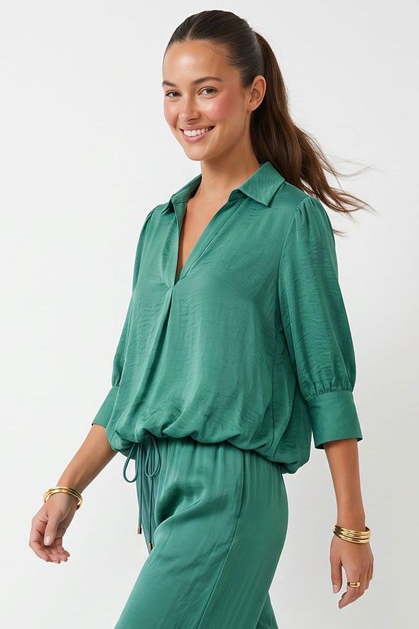 KLd. 45479 HiLo Bubble Hemmed Blouse-Green