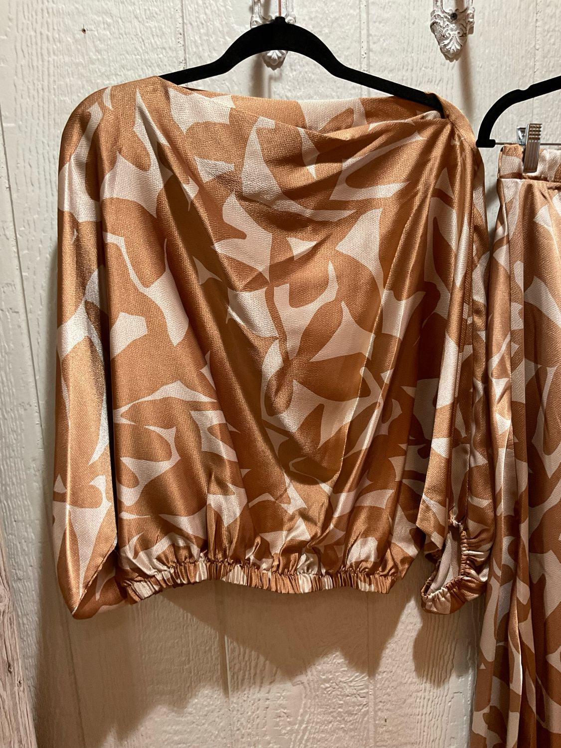 KLd. 45096 Satin Printed BoatNeck Blouse-Tan