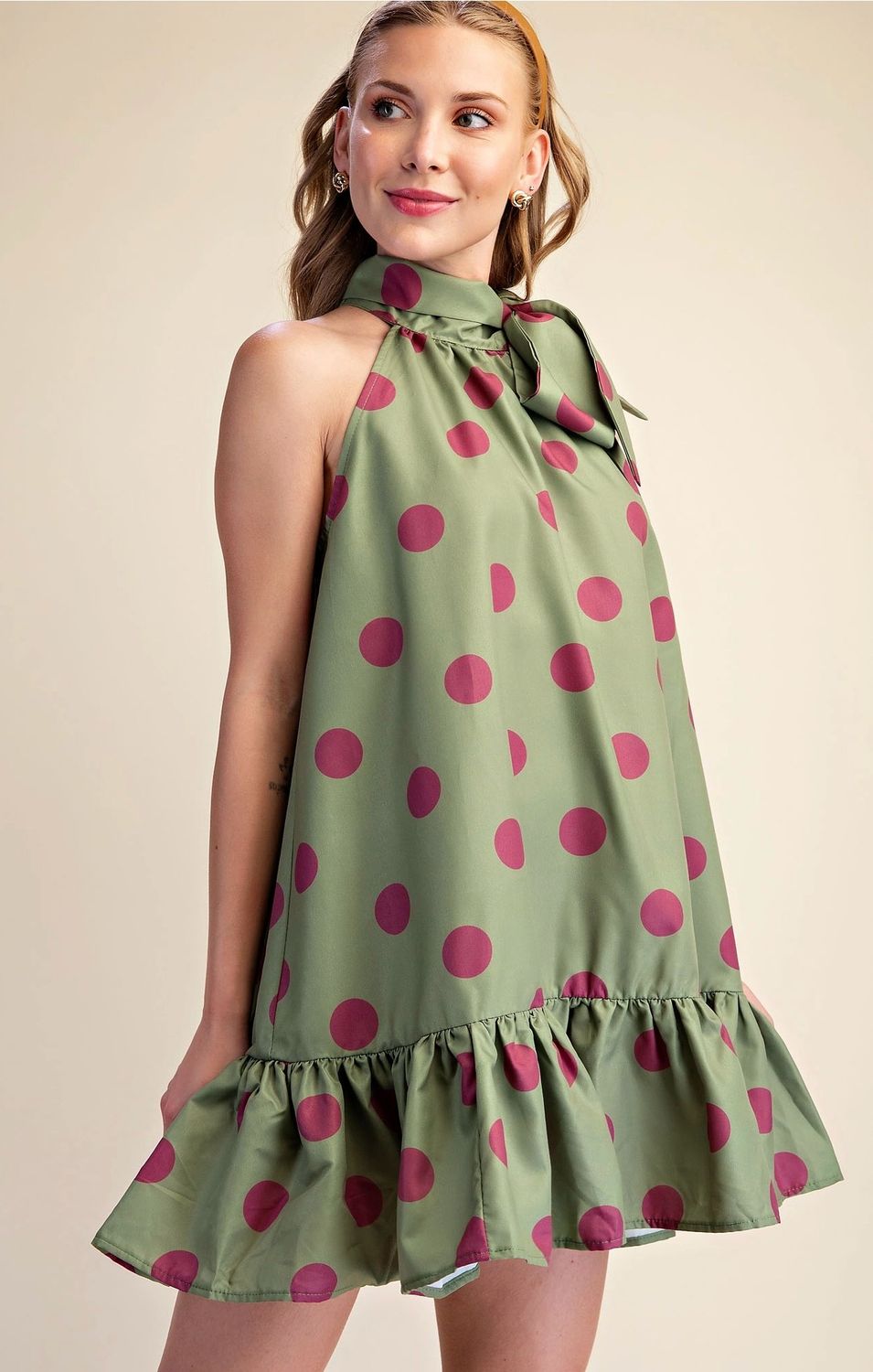 Glam D8474 PolkaDot Mini Dress-Olive