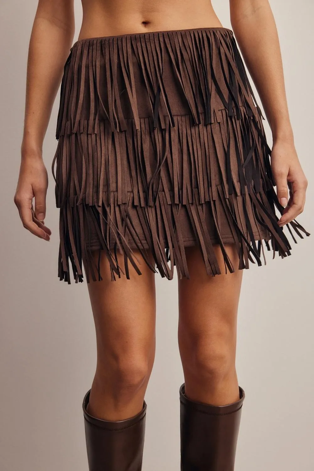 Listicle FSK0039 Fringe Mini Skirt-Mocha