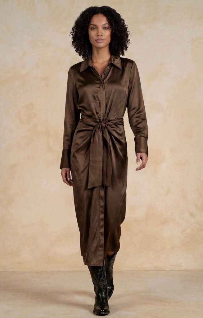 Elan SS50306 Satin TieWaist Dress-Brown