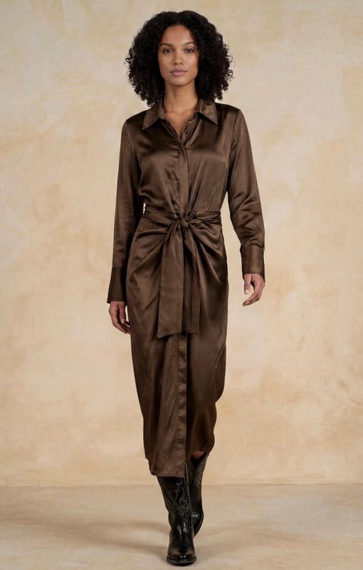 Elan SS50306 Satin TieWaist Dress-Brown