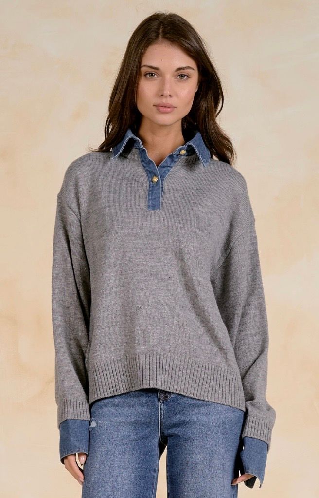 Elan SW11713 Sweater w/ DenimCollar-Grey