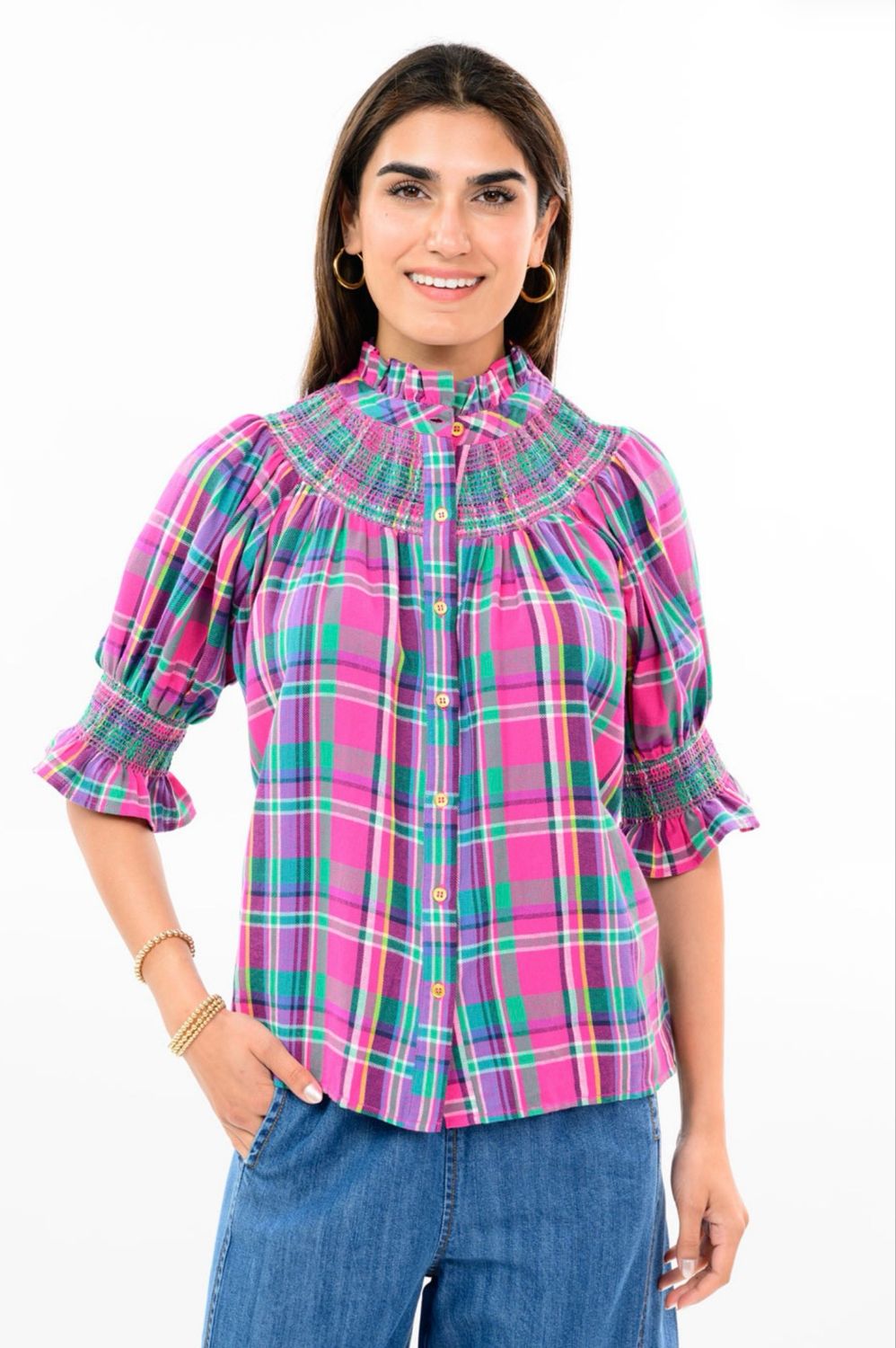 Ivy Jane 630420 Plaid Smocked Yoke Blouse