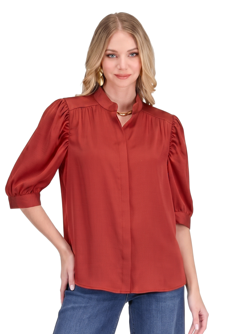 Jade 80J9715 Ruched Sleeve Shirt-Red