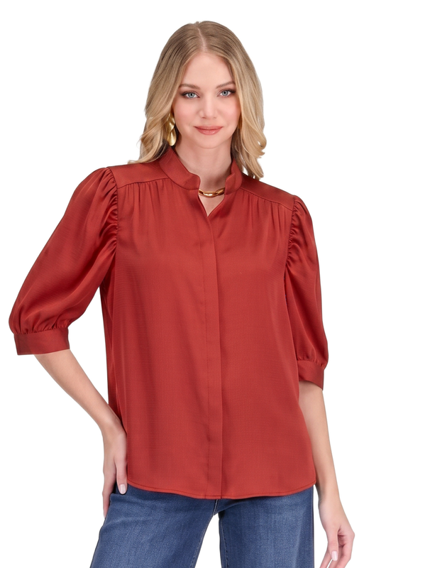 Jade 80J9715 Ruched Sleeve Shirt-Red