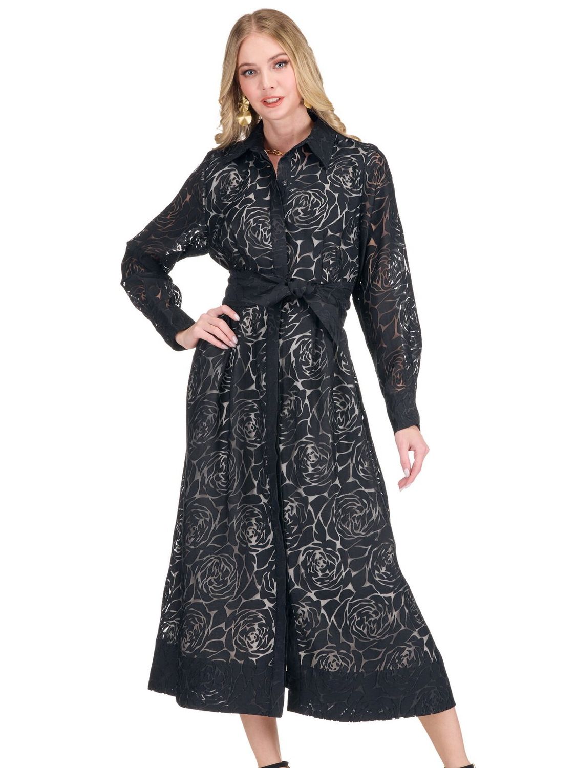 Jade 80J8116 Pleated Waist Shirtdress-BlackBurnout