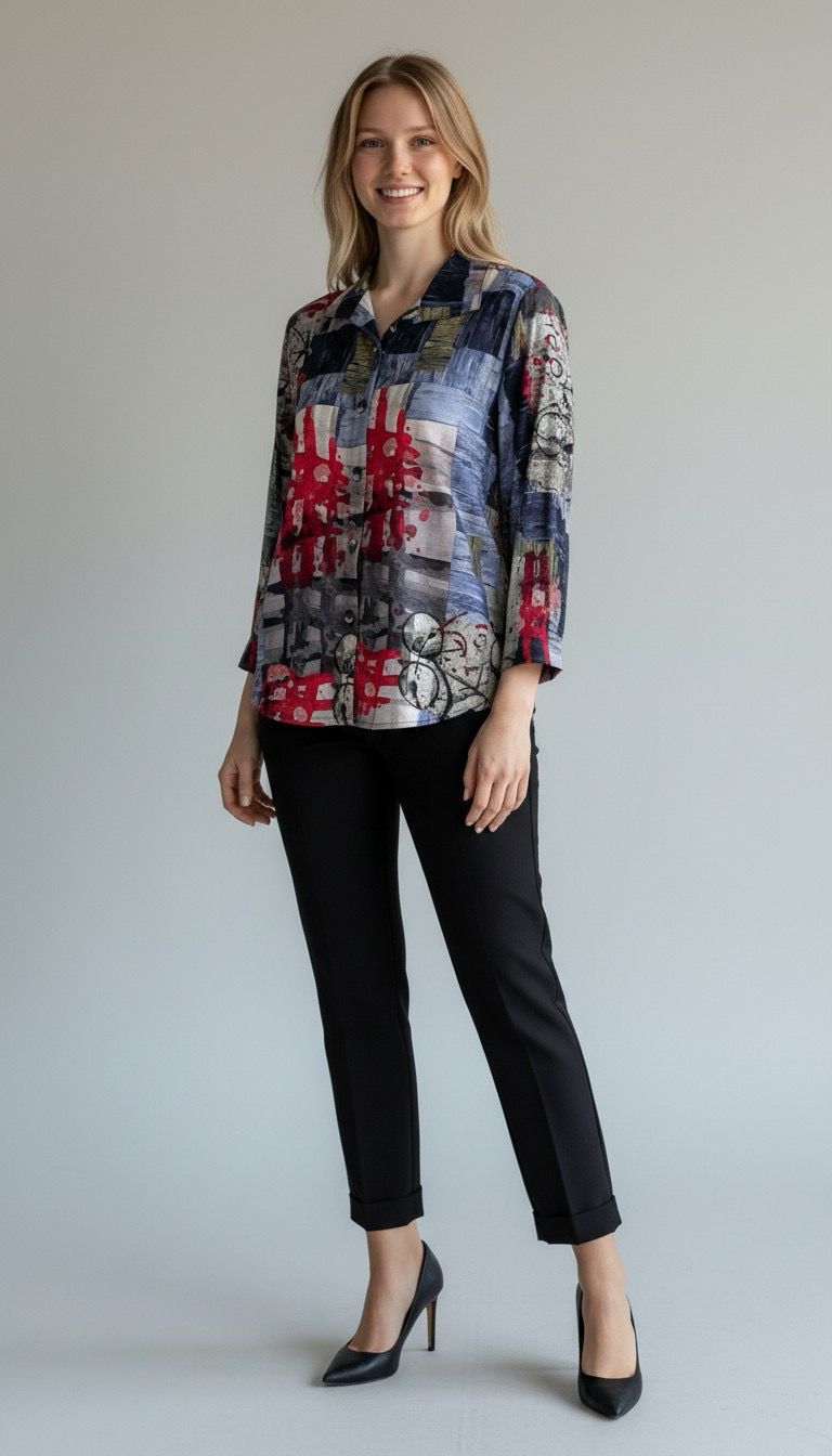 Shana 26524 Printed ButtonBack Shirt-Grey
