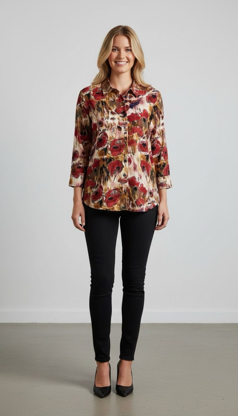 Shana 26509 Printed ZipBack Shirt-Red