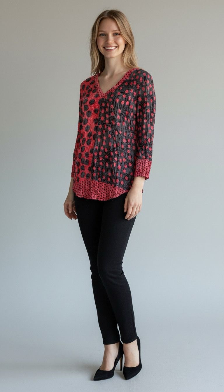 Shana 26604 Crinkle MixMedia Dot Top-Red