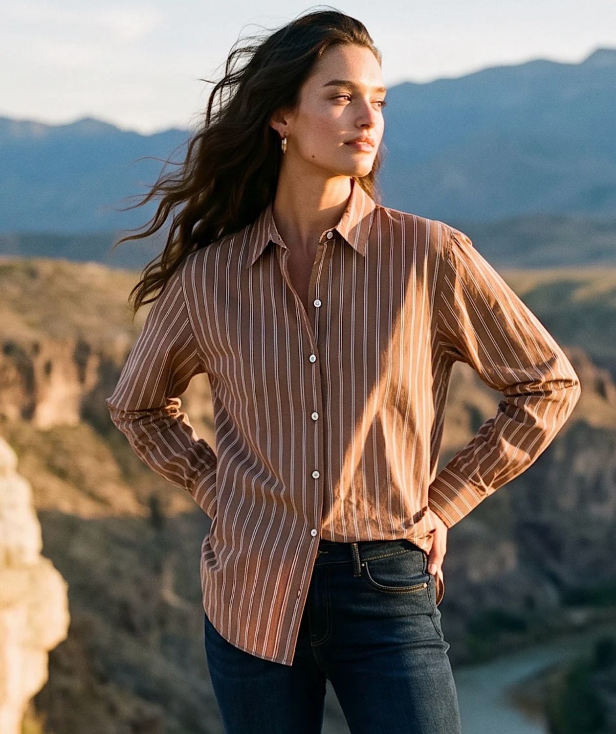 Karen Kane 3L60700 Stripe Button Up-Mocha